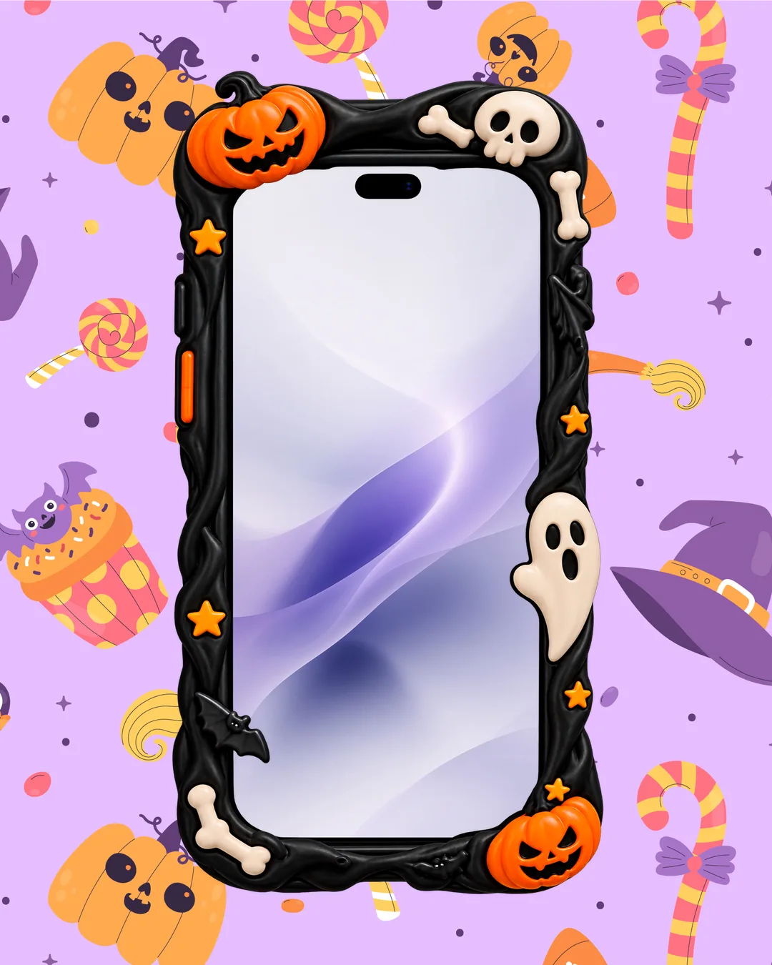 iPhone 18 Pro Max Spooky case on a pastel Halloween background in Framy