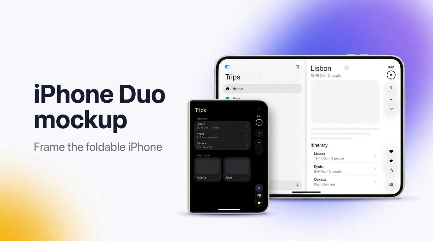 An app demo framed in an open iPhone Duo mockup in Framy